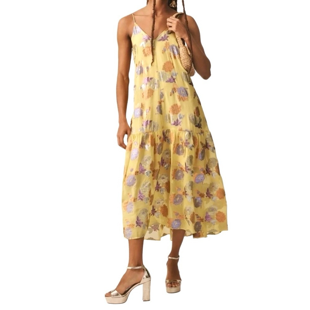 Delfi Collection Silk Floral Midi Dress Yellow M Anthropologie